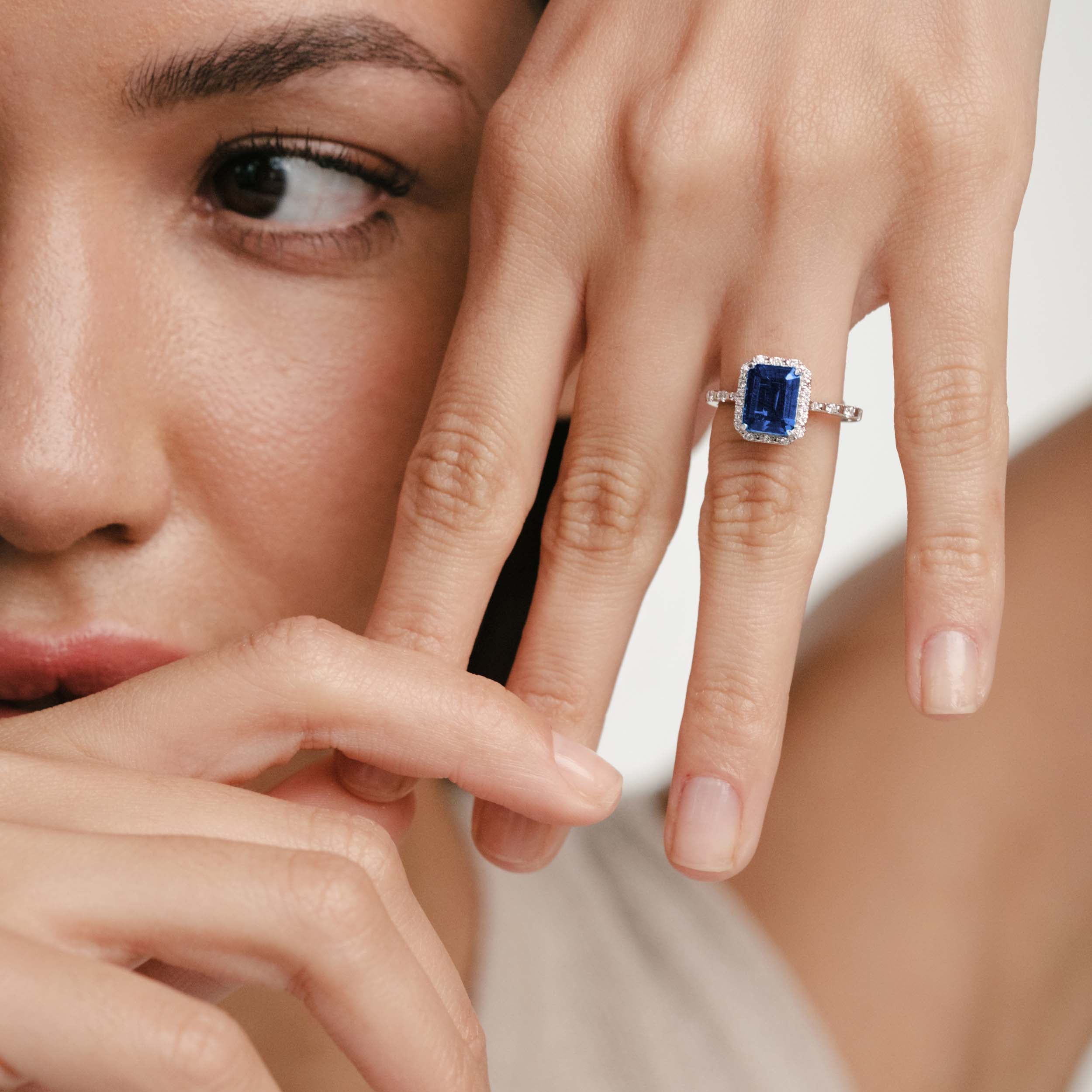 Astra 1.90ct Lab Sapphire Halo Shoulder Set Octagon Cut Ring in Silver